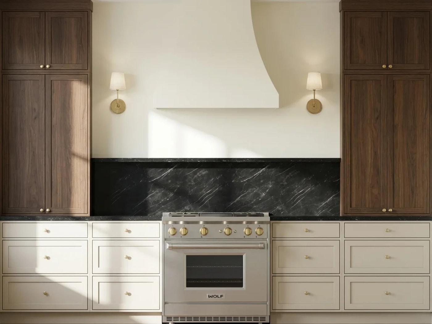 Kitchen design rendered photorealistically with warm afternoon lighting