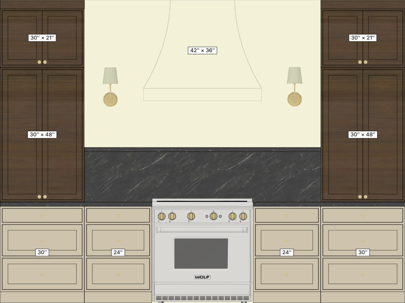 Two-dimensional kitchen design with cabinet dimensions labeled