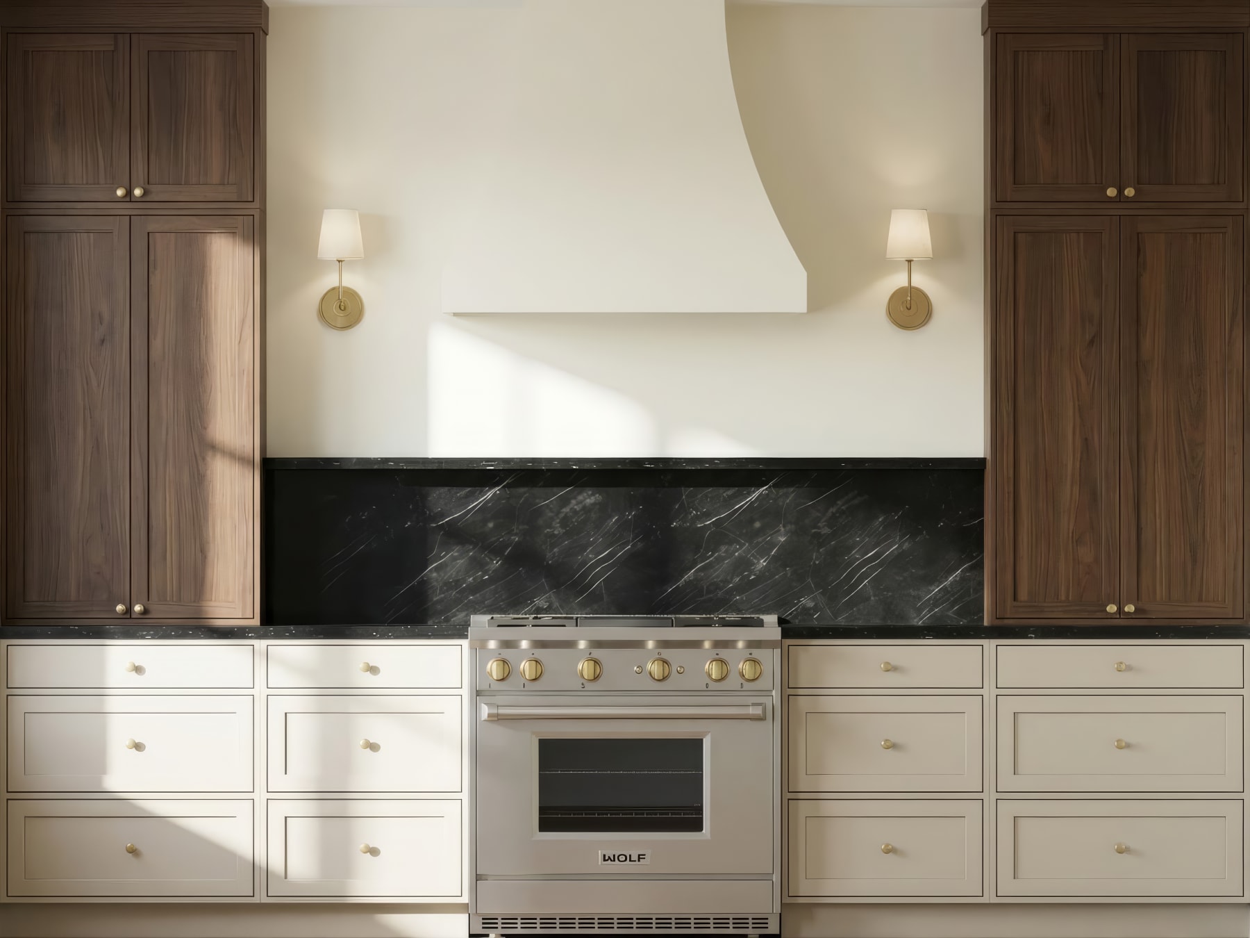 Same kitchen rendered photorealistically with warm lighting and realistic materials