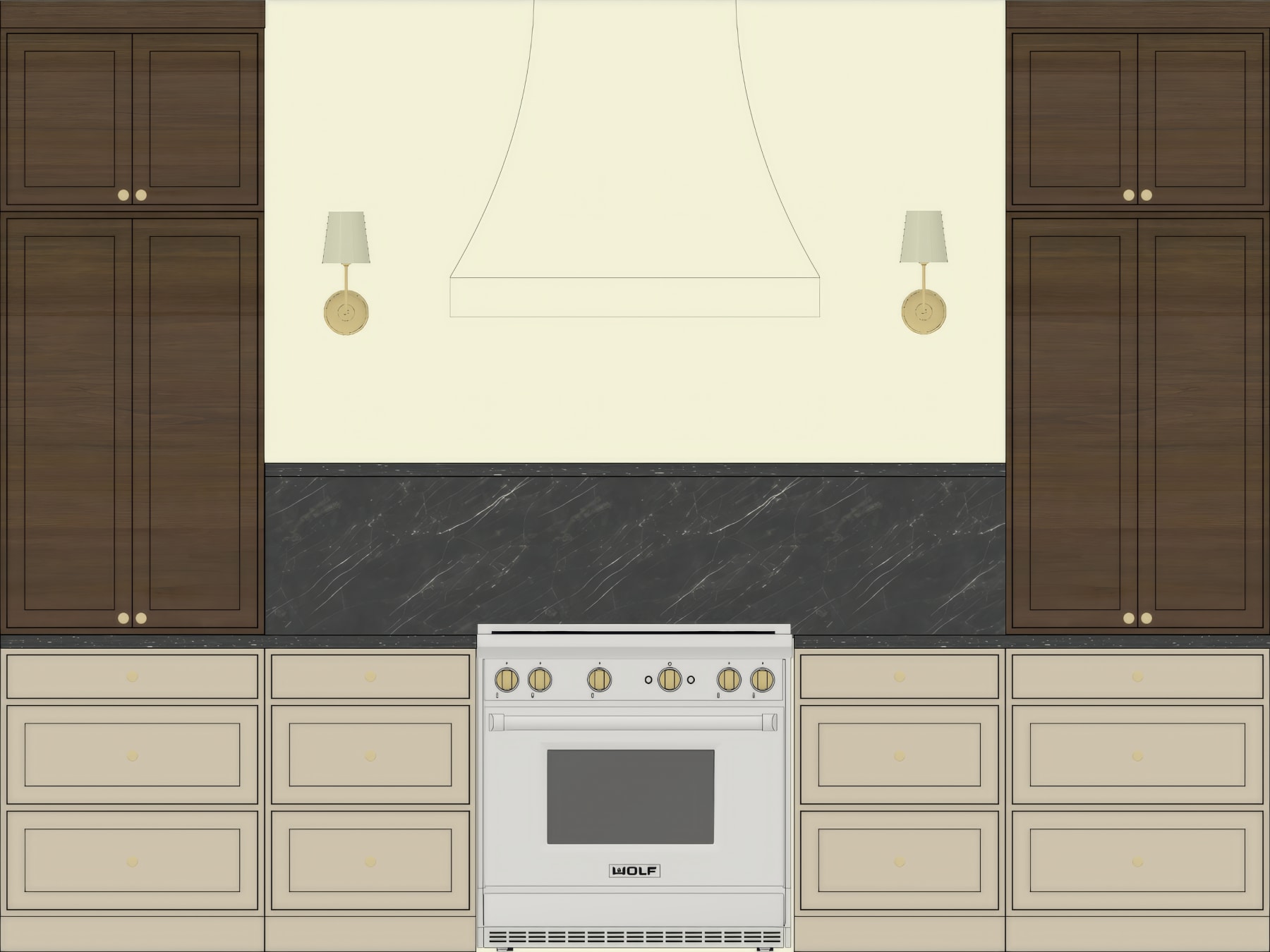 Flat 2D elevation of a kitchen wall with cabinets, range, and sconces