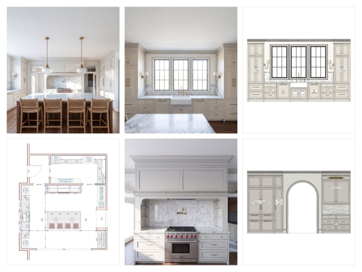 A project page with renderings, elevations, and plans from one kitchen