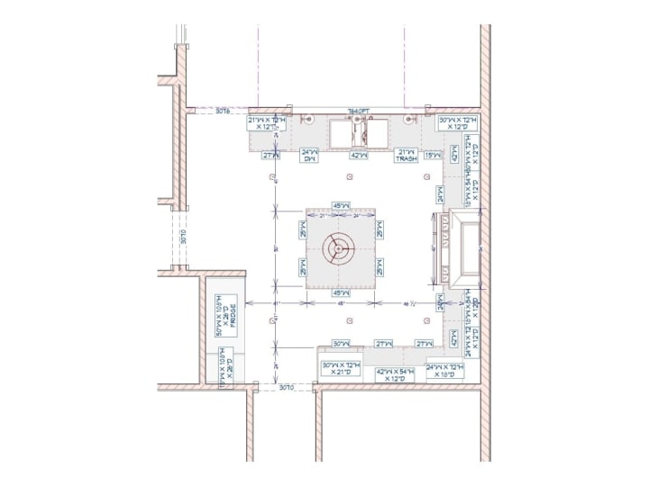 Floor plan of the Doudi kitchen with cabinetry and island placed
