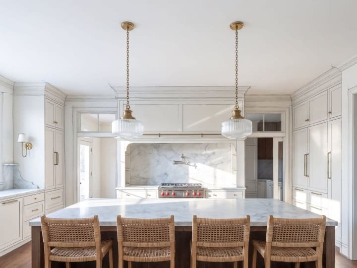 Rendering of the Beck kitchen island with counter stools