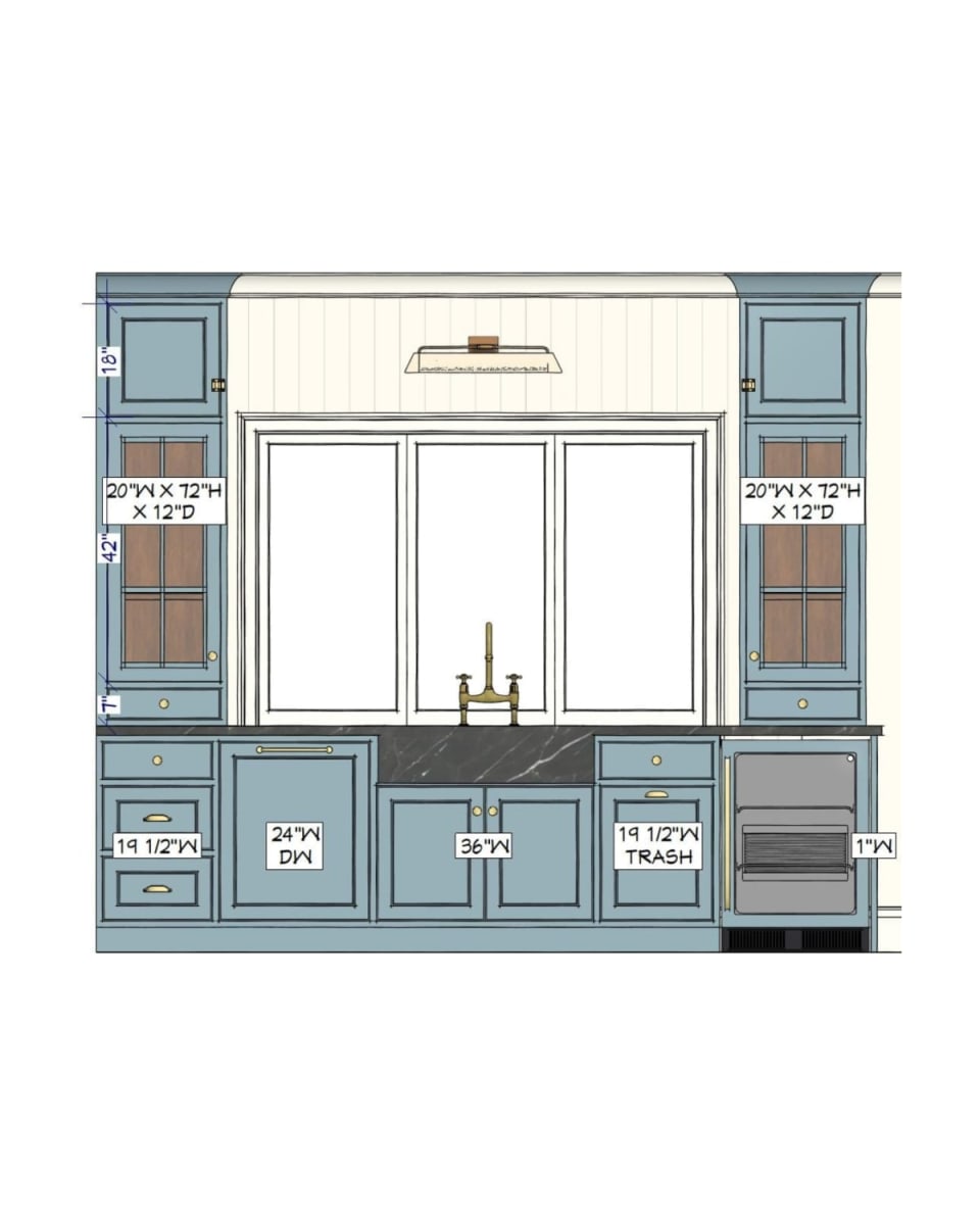 Elevation drawing of the Gorobtchouk kitchen sink wall with cabinet sizes