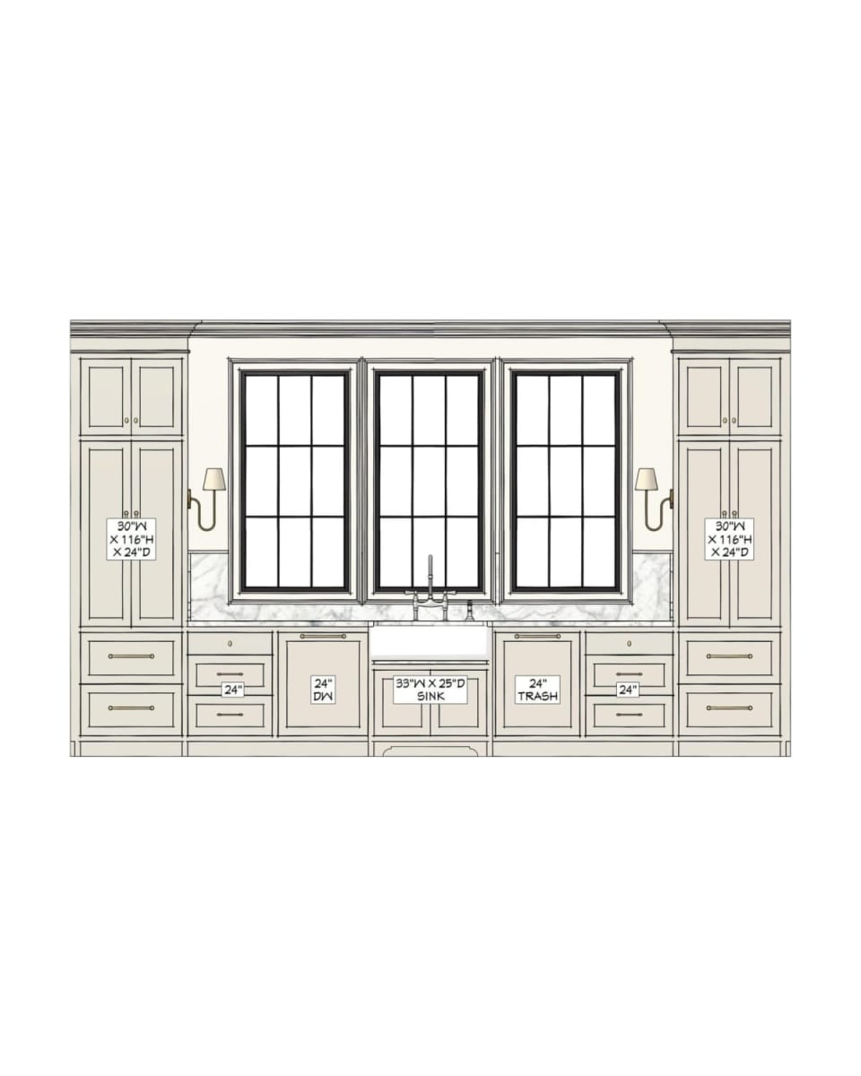 Elevation drawing of the Beck kitchen window wall with cabinet sizes