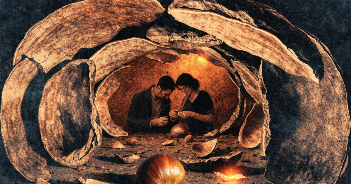 A couple peels roasted chestnuts together inside a snug cave built from an enlarged cracked chestnut shell, lit by ember glow.