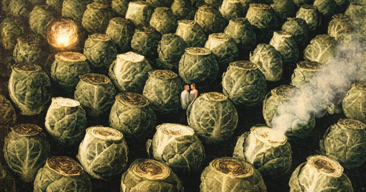 A couple stands quietly among a miniature moonlit village of halved Brussels sprouts glowing like small lit cottages.