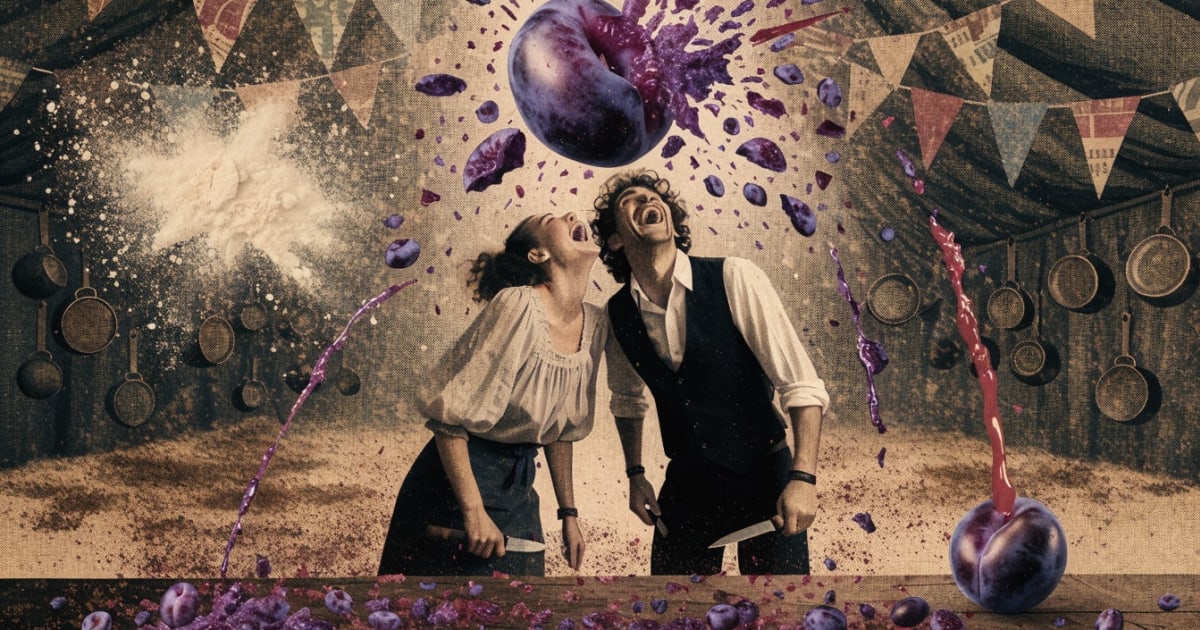 Vintage collage violet plum-meteor shower mid-burst, couple doubled over laughing in kitchen-as-circus-tent, juice arcing like sparks, knives forgotten in loose hands