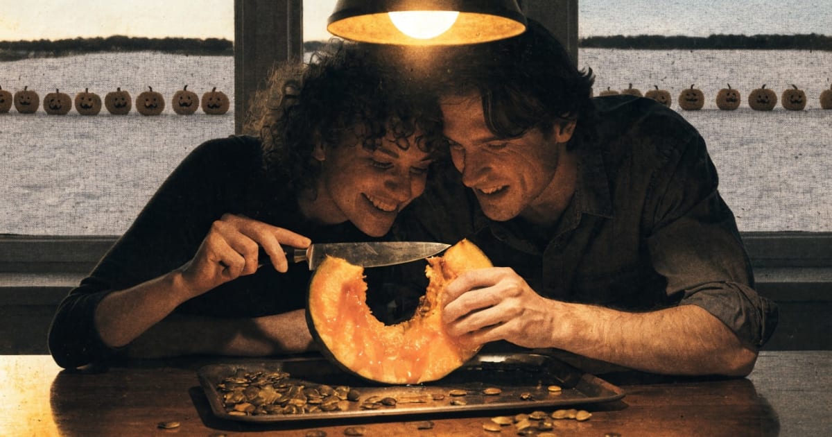 A couple leans over a glossy glazed pumpkin wedge glowing like a small sun, a distant pumpkin-patch line tiny through the window.