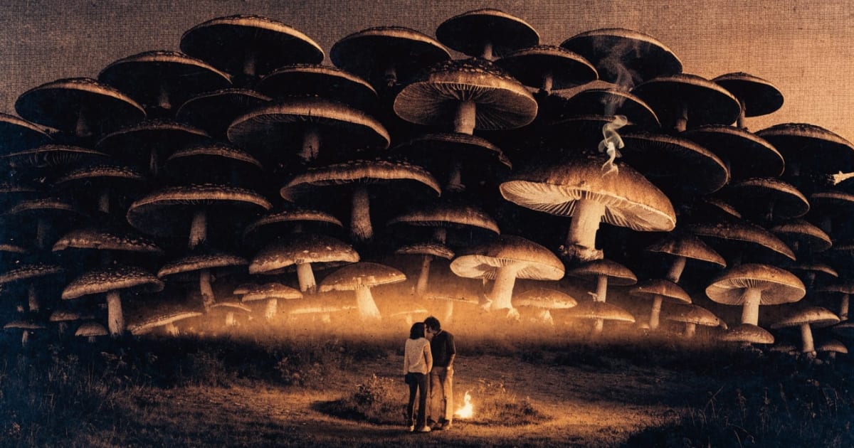 A couple stands in a dusk clearing beneath a canopy of giant mushroom caps glowing gold from a low fire below.