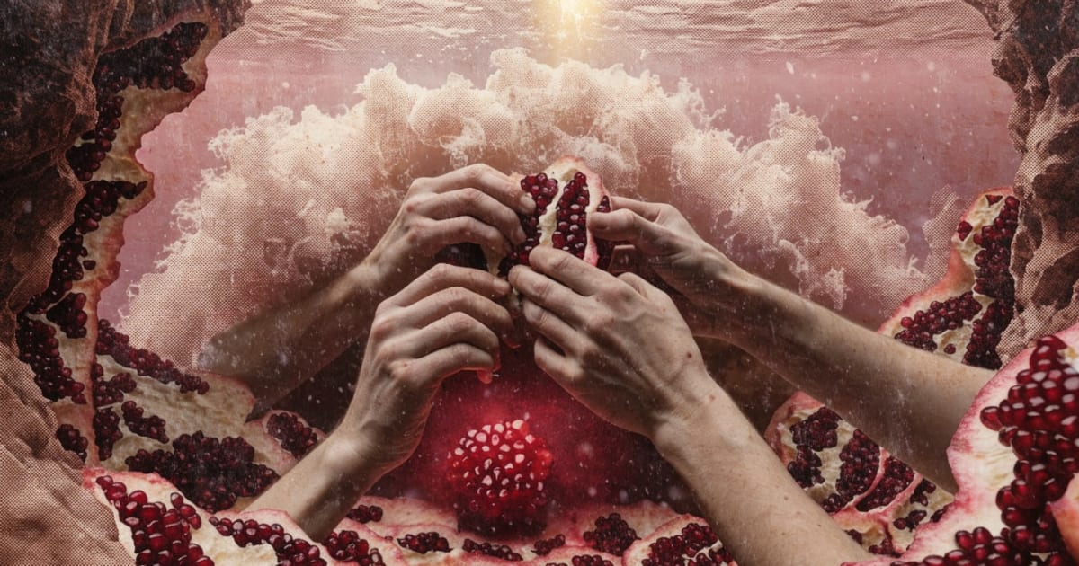 A couple's hands break a pomegranate apart underwater in a glowing ruby-toned grotto of seeds and rising pith.