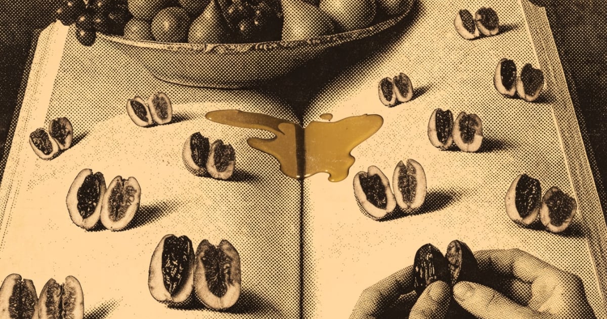A pair of hands splits a stuffed date open across the pages of an open cookbook propped against a fruit bowl.