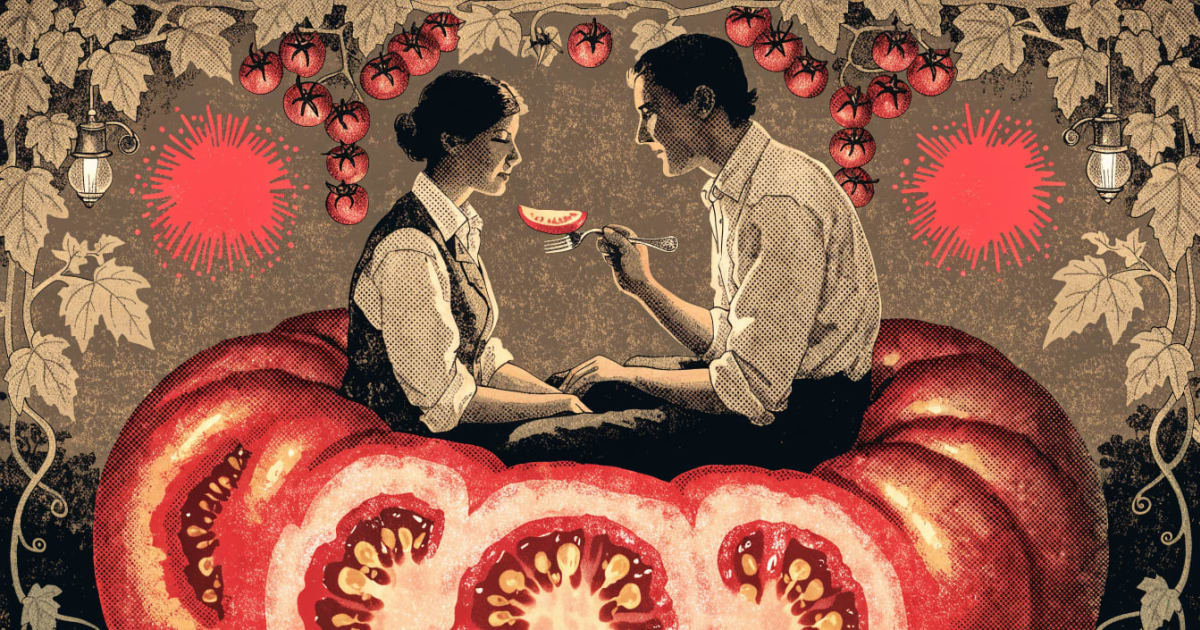 Vintage collage lopsided heirloom tomato grown to garden throne scale, couple seated close on tomato-throne with trailing vines and hanging lights, trellis of small tomatoes glowing behind like lanterns