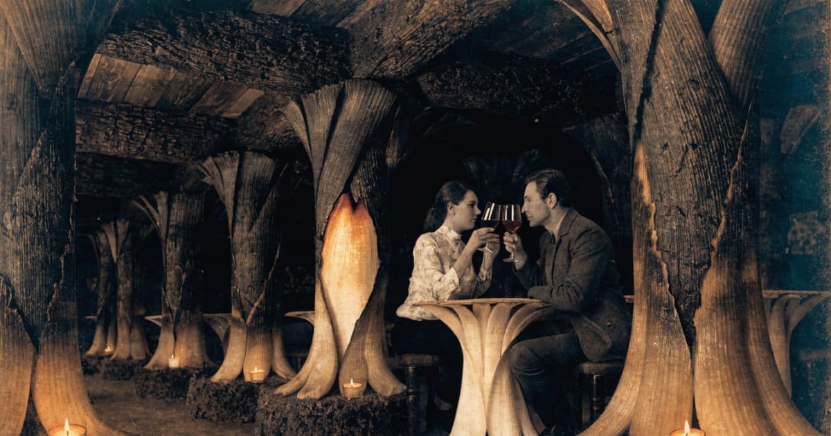 A couple dines in a tiny bistro room built from charred, candlelit leeks standing in as paneled beams and pillars.