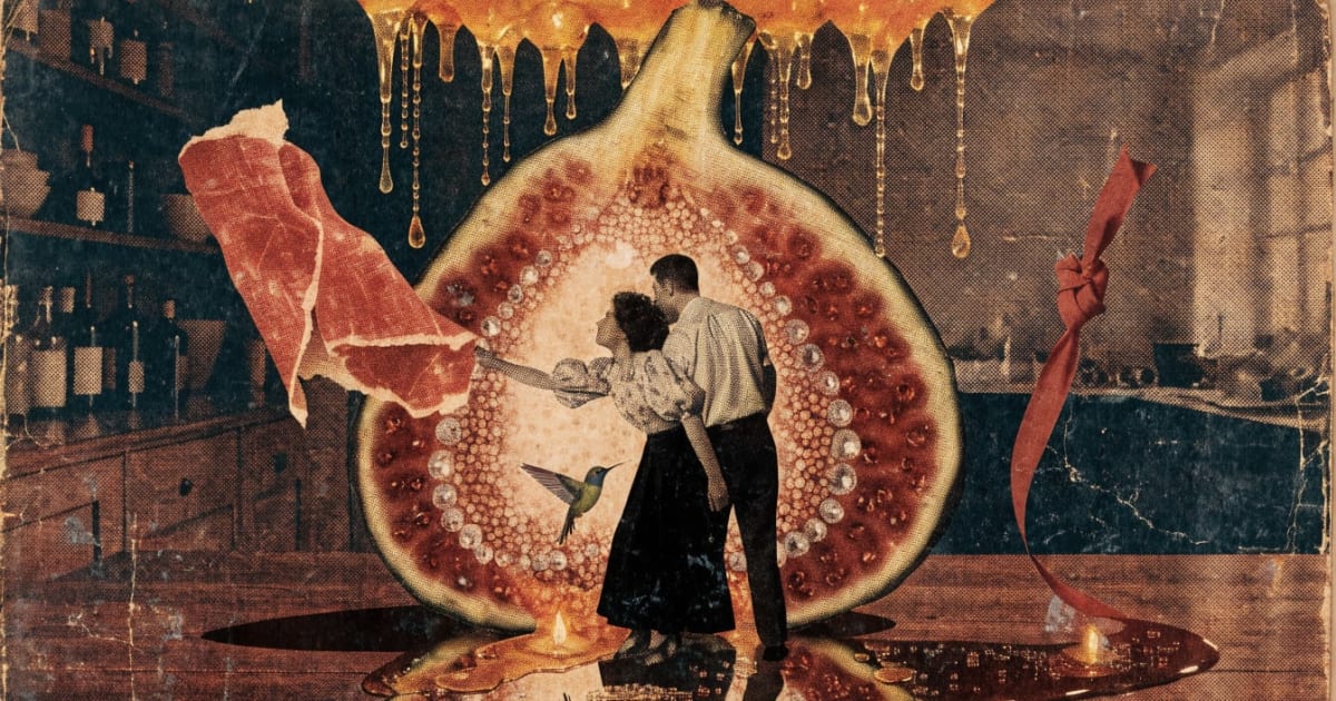 Vintage collage of a split fig transformed into a jeweled cavern with honey pooling like amber light, two lovers shoulder-to-shoulder reaching toward prosciutto draped across the fig's inner wall