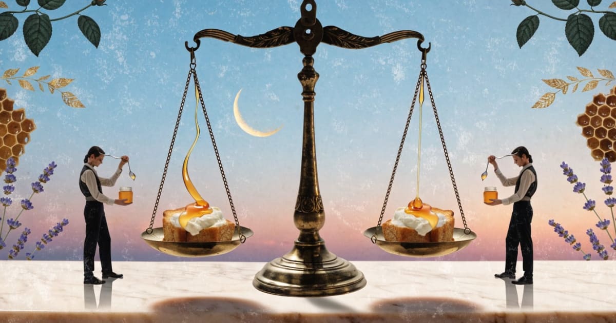 Vintage collage of a couple either side of a pair of brass scales, a ribbon of honey pouring onto two matching plates of ricotta toast under a rose-and-blue dusk sky with the Libra glyph
