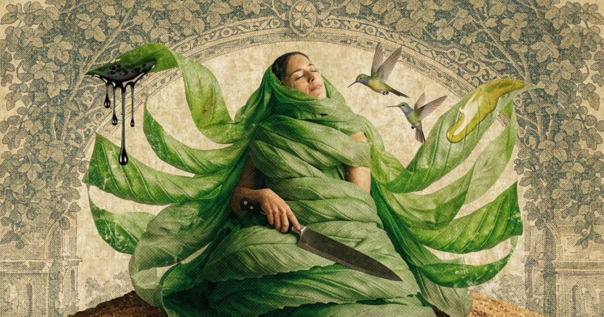 Vintage mythic collage basil-ribbon garden with chiffonade-cut leaves draped like tailored garment around reclining figure, hummingbirds hovering at collarbone, balsamic droplets beading on leaf
