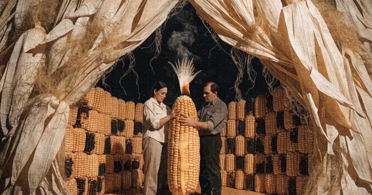 Vintage collage husk-curtain theater with charred corn cobs stacked like proscenium, couple center-stage with hands laced around smoking cob like scepter, kernels scattered like gold coin
