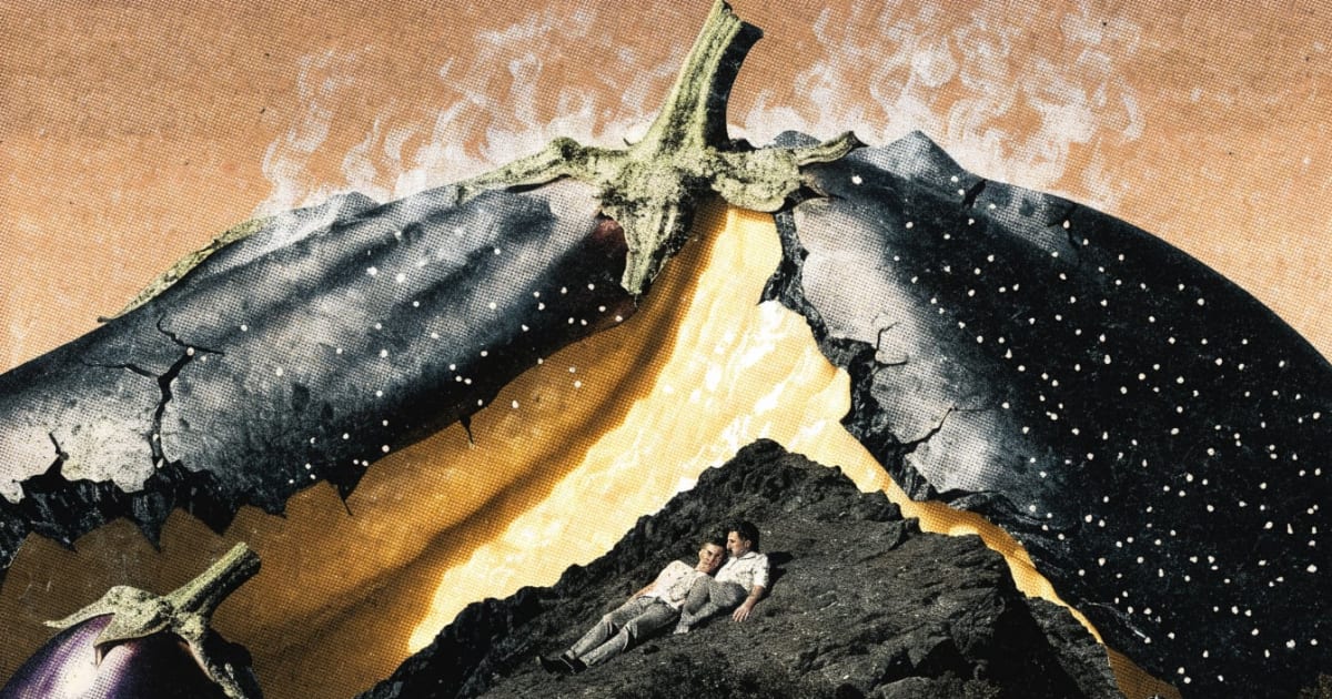 Vintage collage charred eggplant mountain range with collapsed blackened skin, couple reclining along slope, salt crystals catching light like stars, canyon where flesh split open
