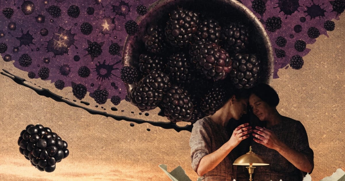 Vintage collage blackberry-ink night sky, bowl of blackberries spilled upward into spray of dark planets and inkblot stars, couple beneath reaching into each other's hands stained purple