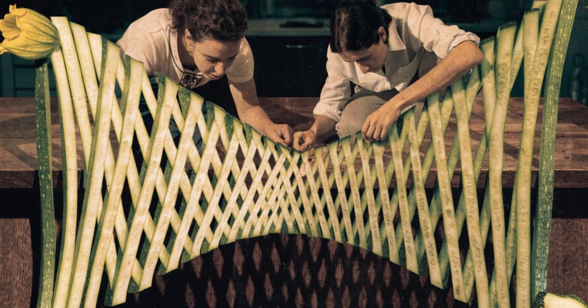 Vintage collage zucchini-ribbon lattice bridge woven from julienned strips, couple kneeling at either end weaving ribbons together, zucchini blossom still attached at one end, early unevencut slice visible