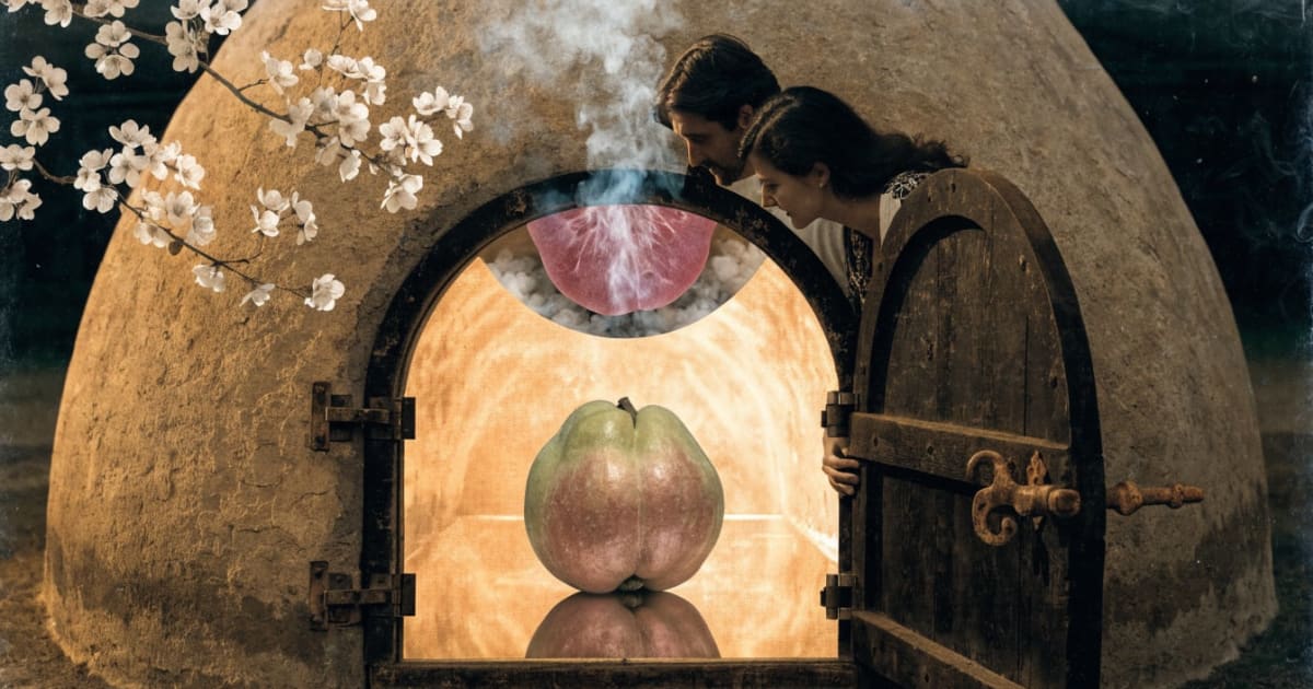 A couple watches through an oven's glowing door as a quince slowly turns rose-gold inside, like a small captive sun.