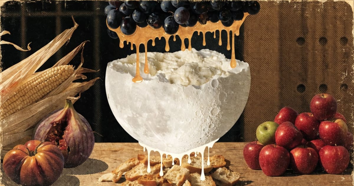 Vintage collage with burrata moon rising from market table, blistered grapes like meteor shower, season-split table showing dried corn and bruised figs beside glossy arrival apples