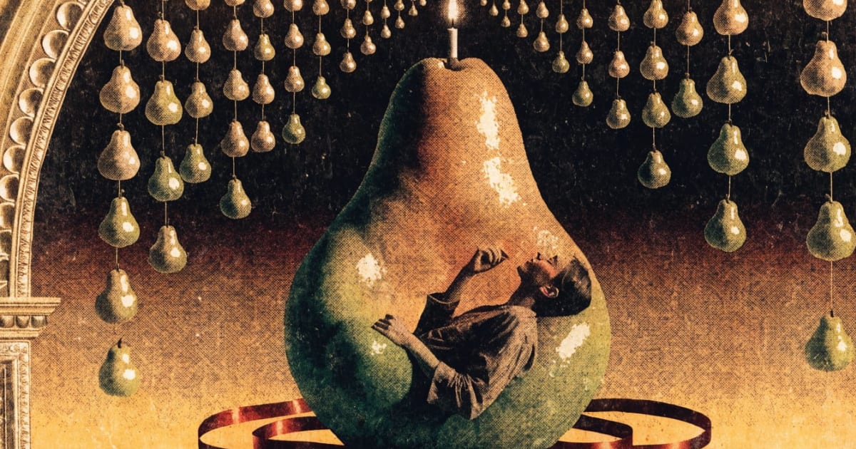 Vintage mythic collage golden pear-throne, figure reclining into pear's curve as though fruit ripened around them, garland of small pears hanging above like party lanterns, wine-red ribbon at base