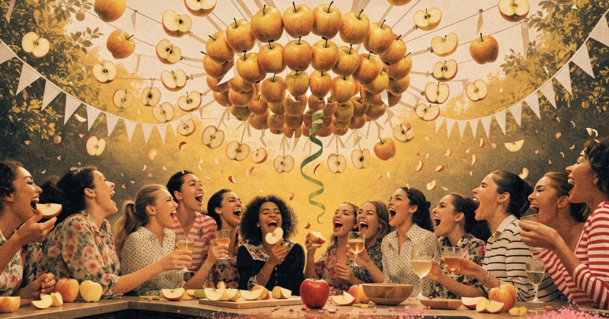 Vintage collage apple carousel-chandelier suspended above crowded counter, ring of many hands reaching up with knives glinting like chorus, cores and peels caught mid-fall like confetti