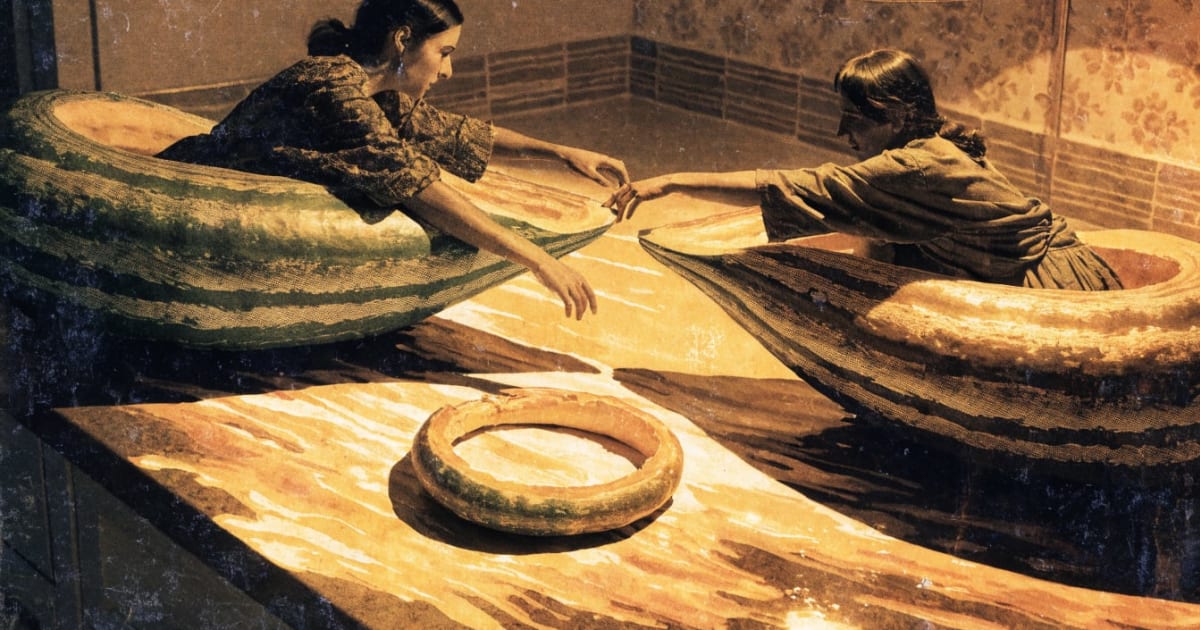 Two squash-hull canoes drift apart then back together on a countertop river, a couple reaching toward each other between them.