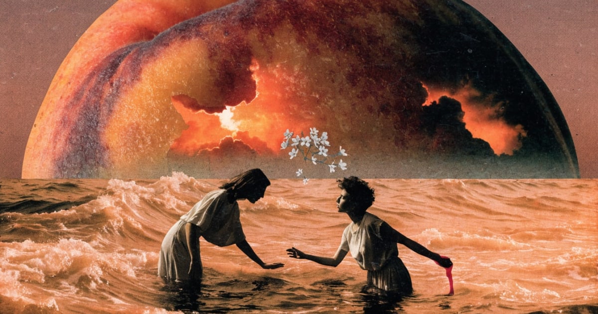 Vintage collage overripe peach split into dissolving sunset sky, couple waist-deep in peach-juice sea reaching across current, small white blossoms caught in juice-river
