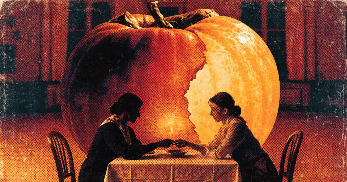 A couple at a dinner table lit by one giant persimmon glowing like a lantern, shifting from dim to warm across its skin.
