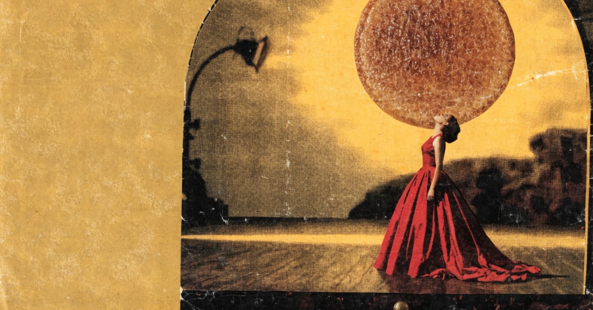A woman in a scarlet gown tips her head back beneath a sun made of crème brûlée, on a golden vintage-collage stage