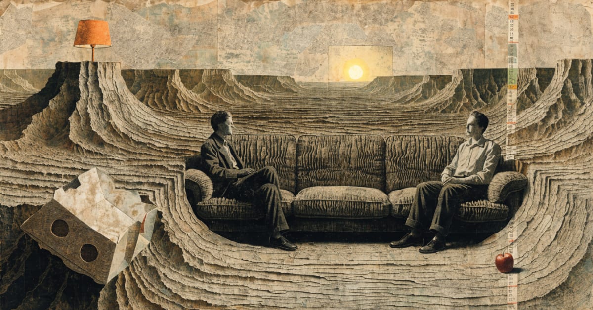 A sofa eroded into canyon strata with two figures at either end and a television glowing like a dull sun