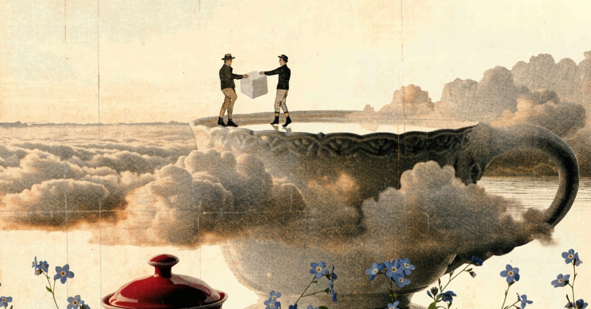 Two small figures stand on the rim of a giant coffee cup passing a sugar cube the size of a boulder