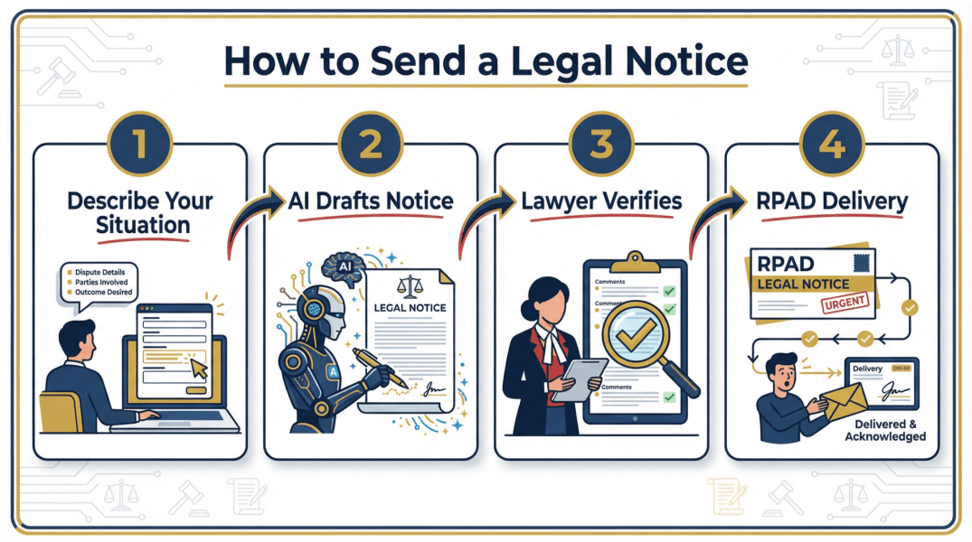 4-step legal notice process: Describe Your Situation, AI Drafts Notice, Lawyer Verifies, RPAD Delivery with tracking