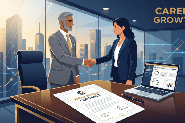 Professional employment contract signing in corporate office with executive and new employee handshake