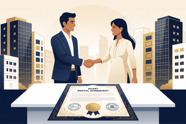 Professional rental agreement signing between landlord and tenant with AI-powered legal document