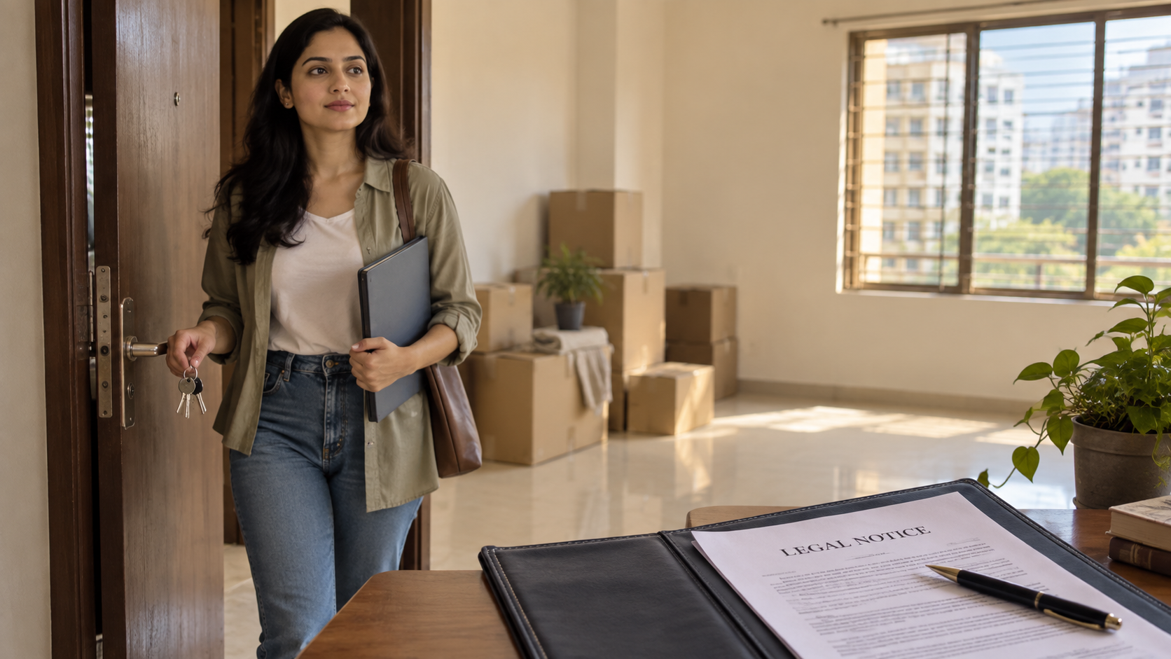 Woman vacating a rented apartment in India while holding keys and a legal document folder.