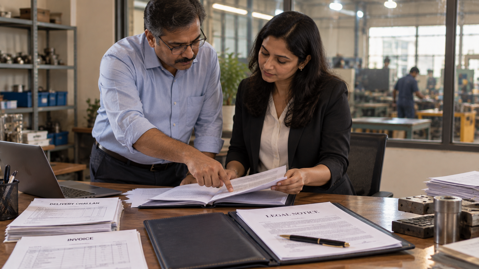 Business owners reviewing a supply agreement and legal notice for breach of contract in India