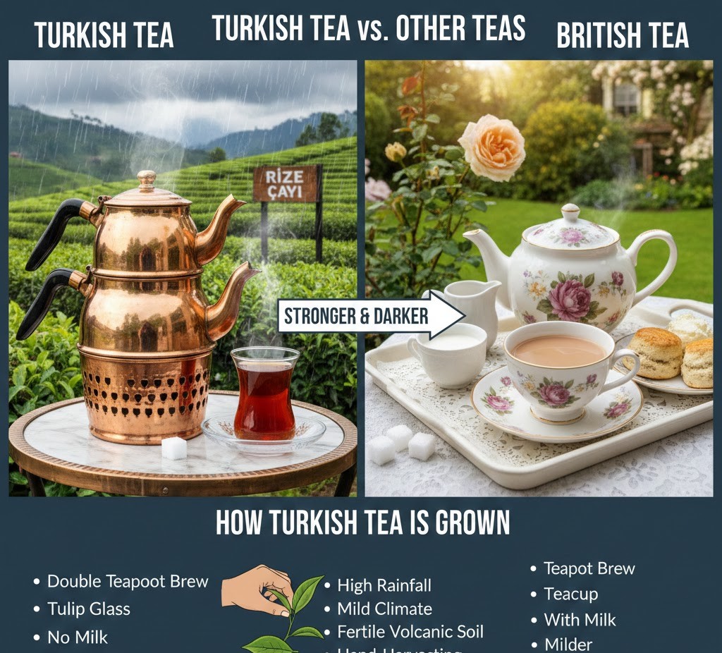 The majority of Turkish tea is cultivated in the humid Black Sea region. Most of the tea produced in Turkey is Rize tea, a terroir from Rize Province on the Eastern Black Sea coast. Rize has a mild climate with high precipitation and fertile soil

