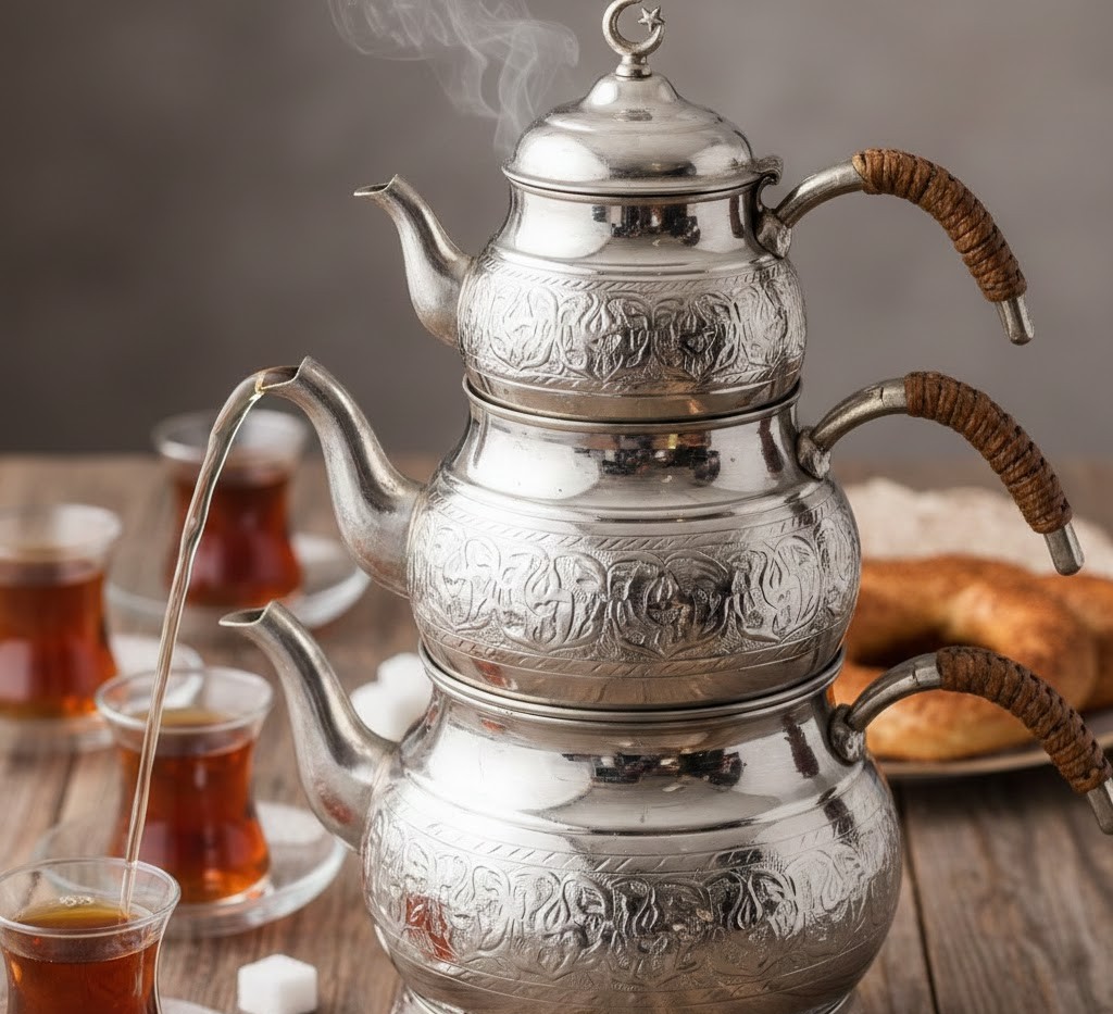 The boiling water from the lower pot is poured into the upper pot containing tea leaves. After steeping, the strong concentrate is diluted with hot water to taste 
