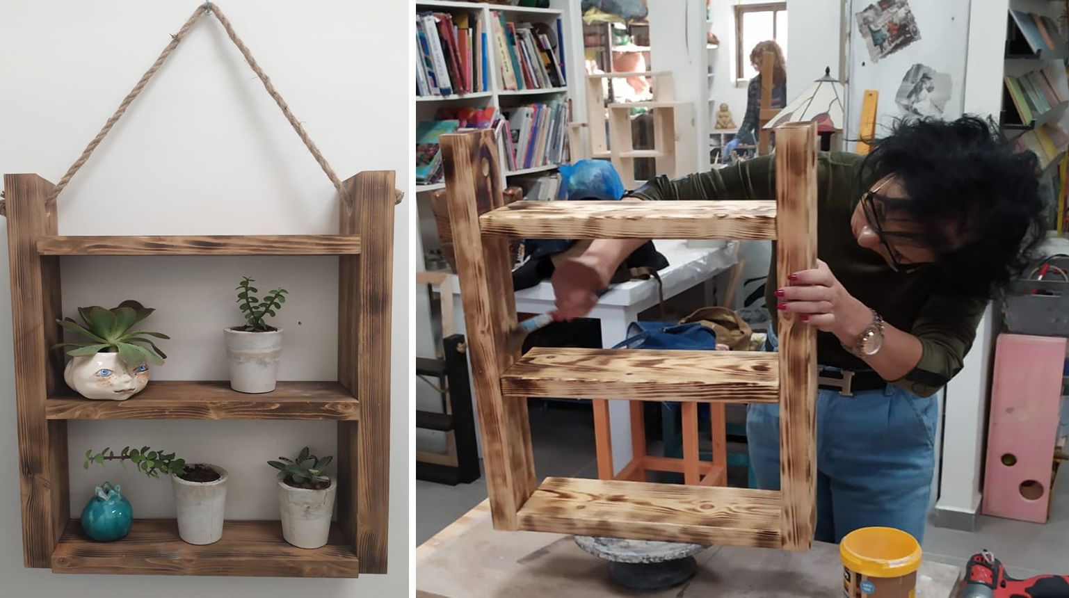 מדף עץ: סדנה ליצירת מדפי עץ הנתלים על חבל