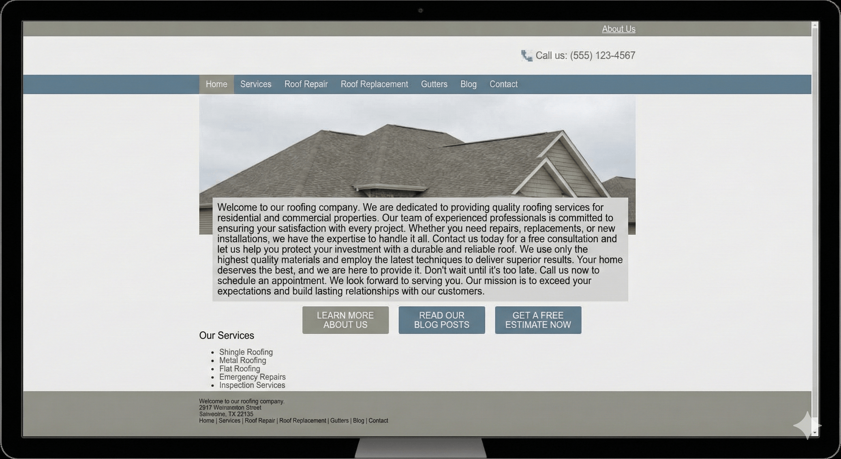 Typical roofing website with common design mistakes