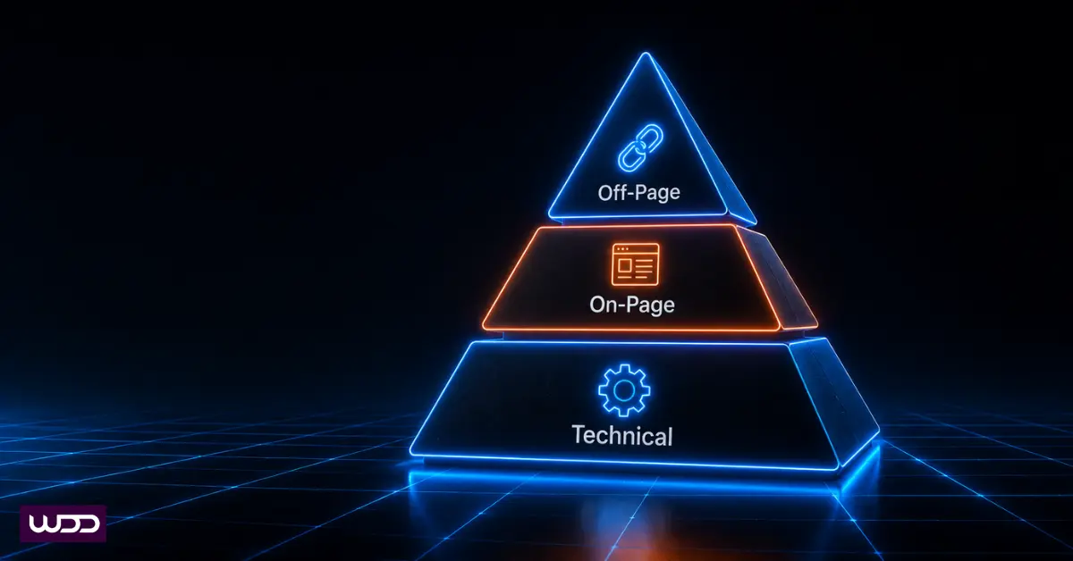 Diagram showing the difference between on-page and off-page SEO and technical SEO at a glance