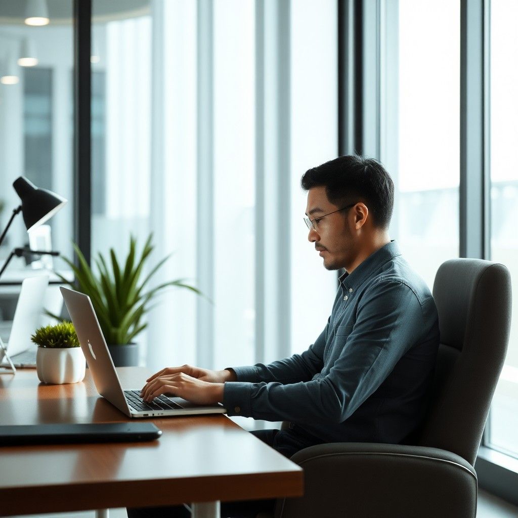 Person working on a laptop in a modern office