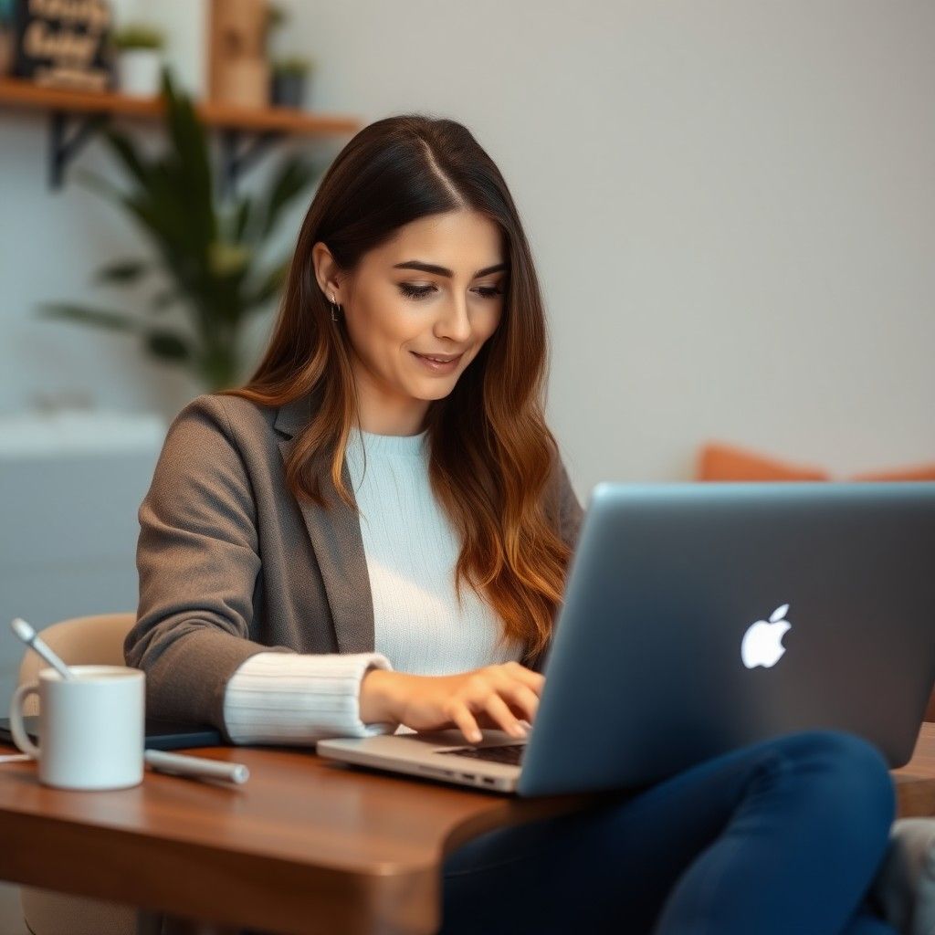 Woman working on laptop with coffee
