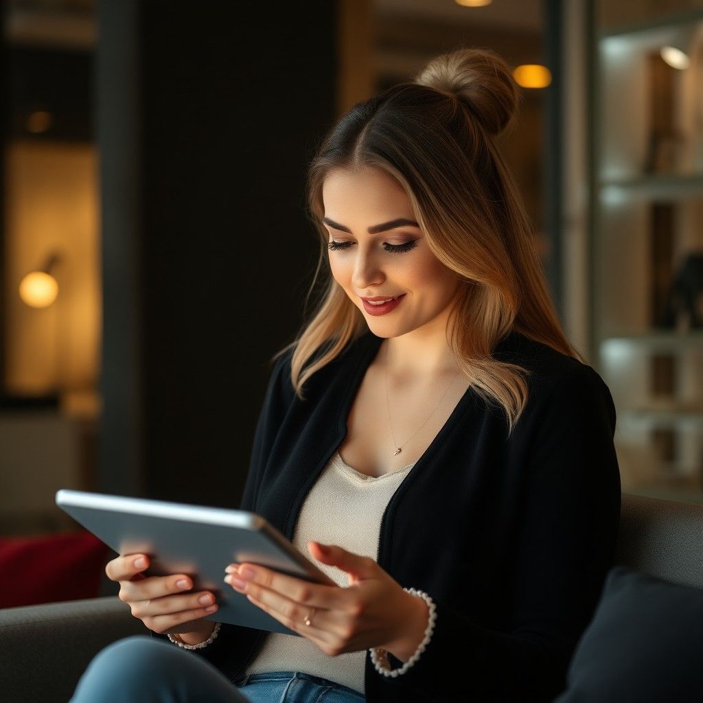 Woman looking at a website on a tablet