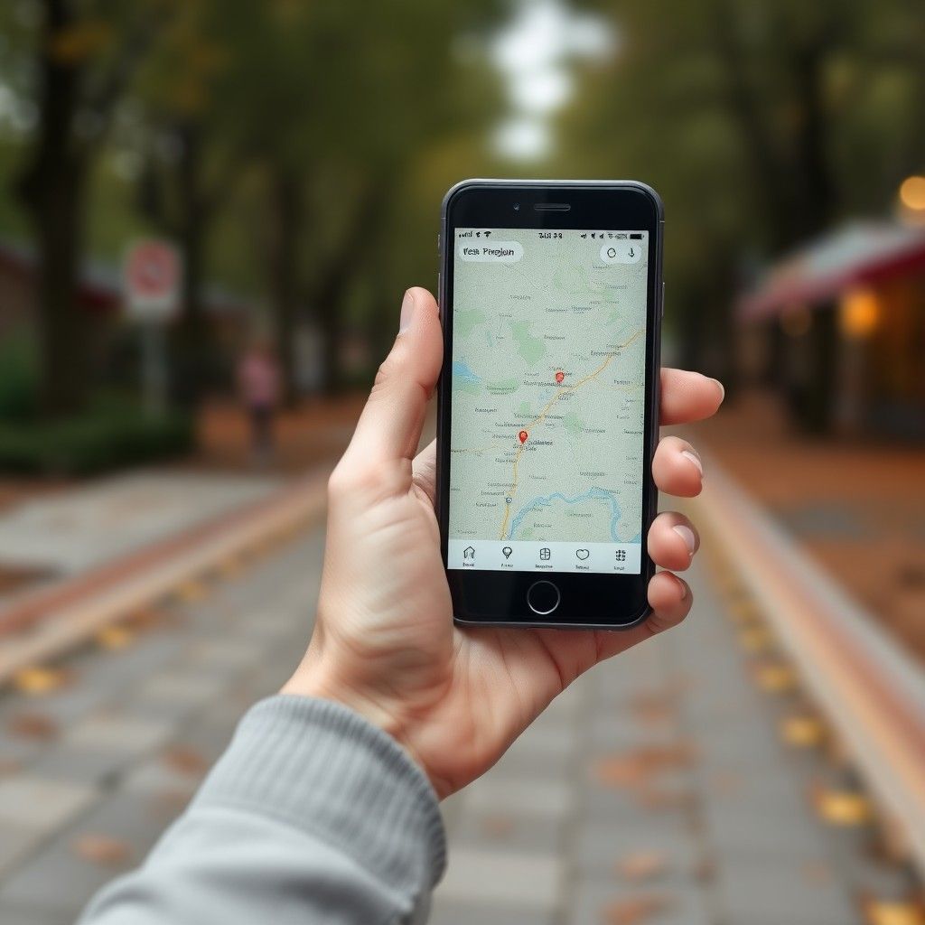 Hand holding a phone with a map on the screen