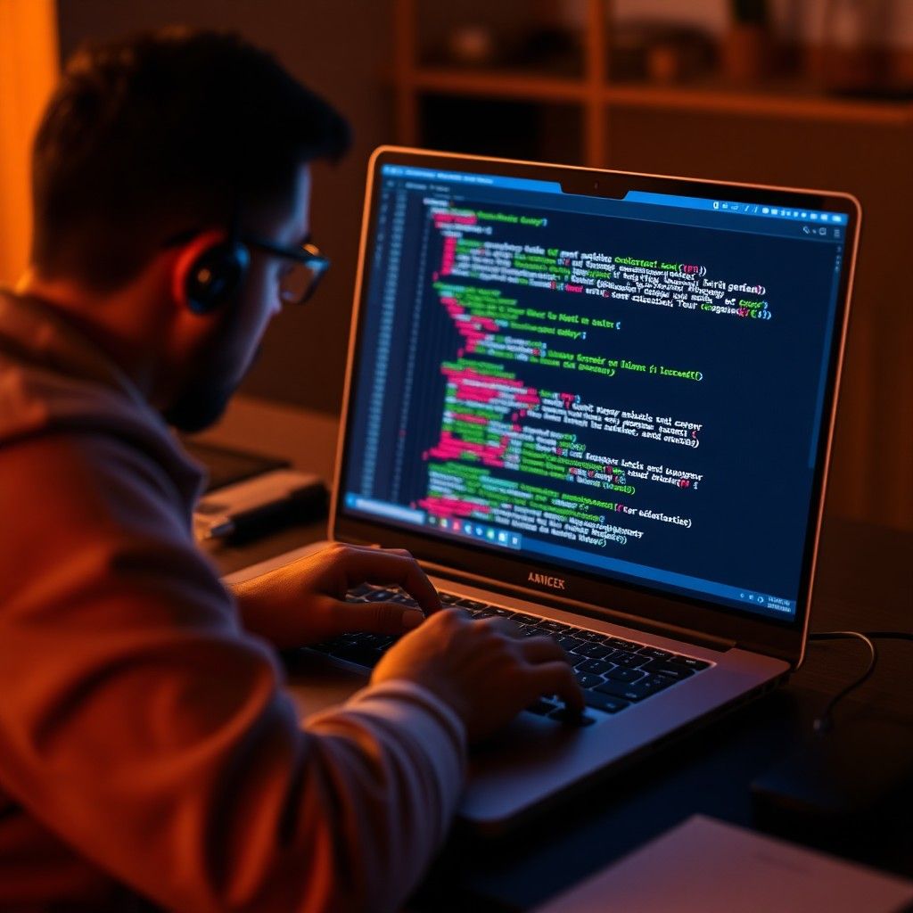 A person working on a laptop with code visible on the screen